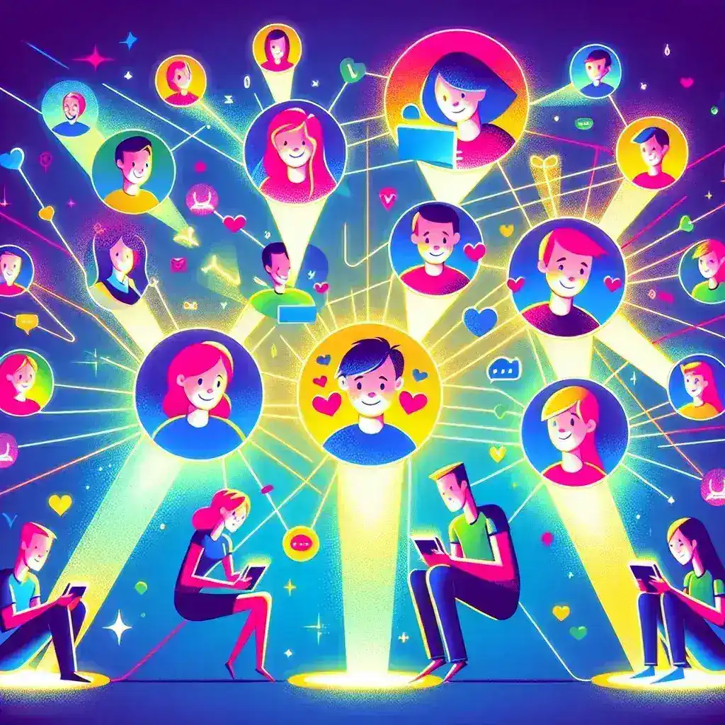 "Group of diverse individuals connecting through mobile apps on smartphones, symbolizing digital networking and online friendships in the article 'Apps That Help You Meet New People Digitally.'"