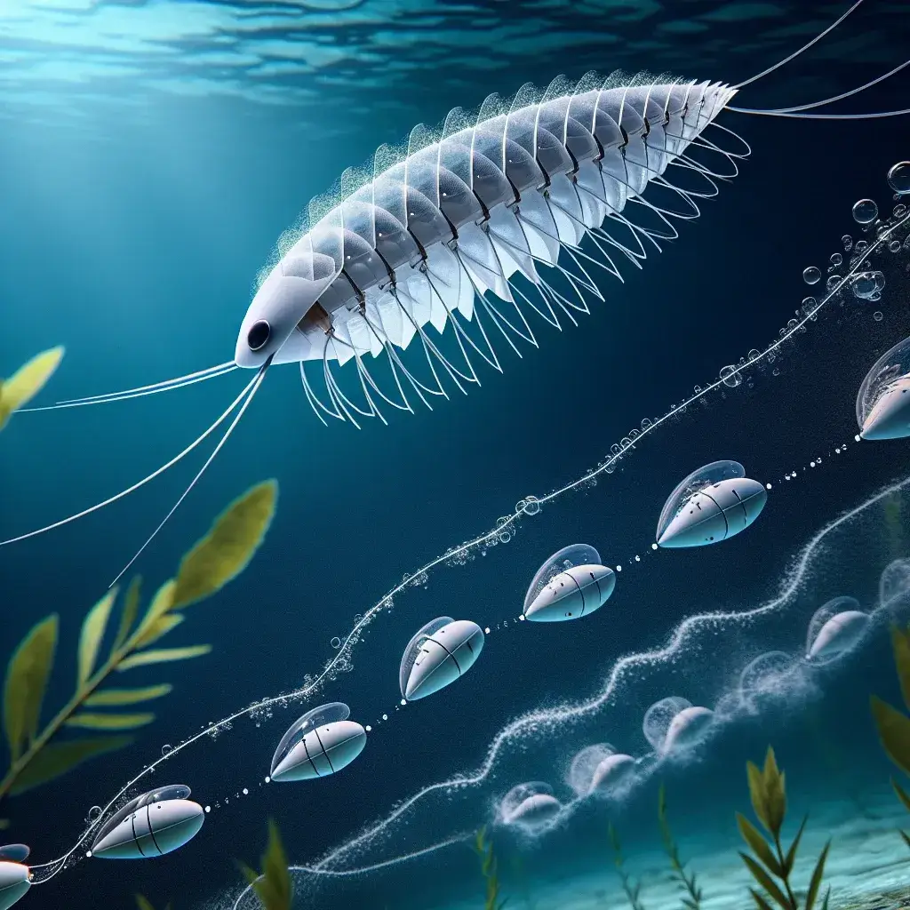 "Close-up of a copepod swimming in water, showcasing its unique locomotion mechanics that inspire the design of efficient aquatic robots for advanced engineering applications."