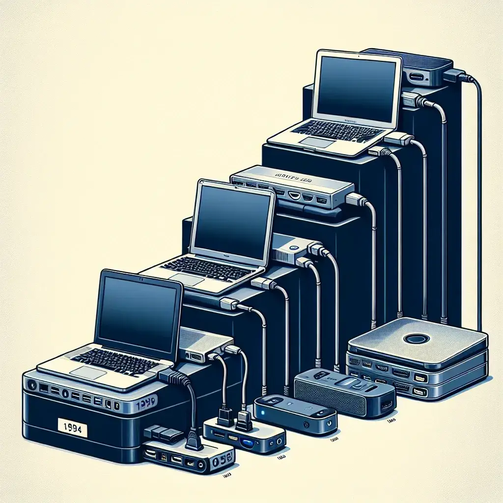 "Evolution of laptop docking standards: a comparison of various docking stations from past to present, showcasing design and connectivity features."